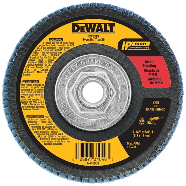 DeWALT HP DW8313 Contaminant-Free Heavy Duty Coated Flap Disc, 4-1/2 in Dia, 80 Grit, Medium Grade, Zirconia Alumina Abrasive, Type 29 Disc