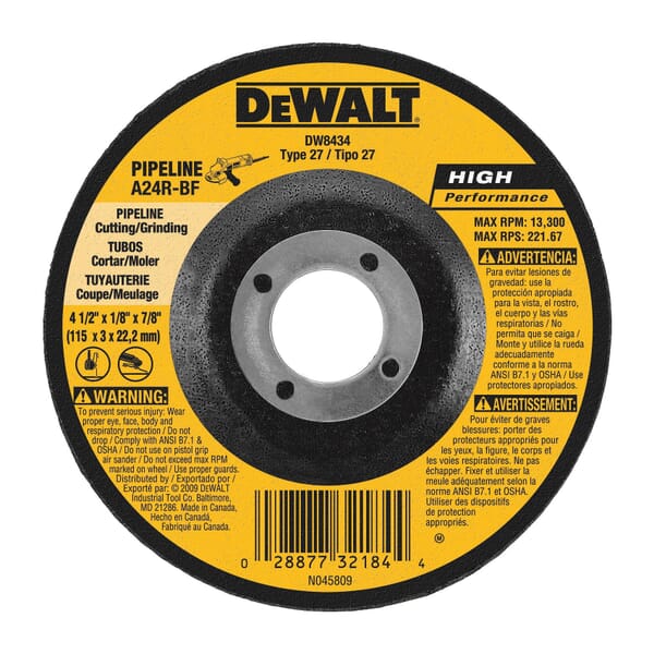 DeWALT High Performance DW8435 Depressed Center Wheel, 4-1/2 in Dia x 1/8 in THK, A24R Grit, Aluminum Oxide Abrasive