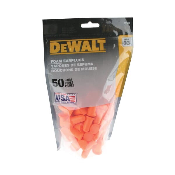 DeWALT DPG63BG50 Ear Plug, 33 dB Noise Reduction, Bell Shape, ANSI S3.19-1974, Disposable, Uncorded Design