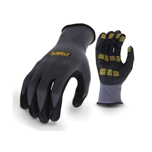 DeWALT by Radians General Purpose Gloves, Tread Grip Work, Seamless Style, Foam Nitrile Palm, Nylon/Polyester/Spandex, Gray, Elastic Cuff, Foam Nitrile Coating, Resists: Abrasion