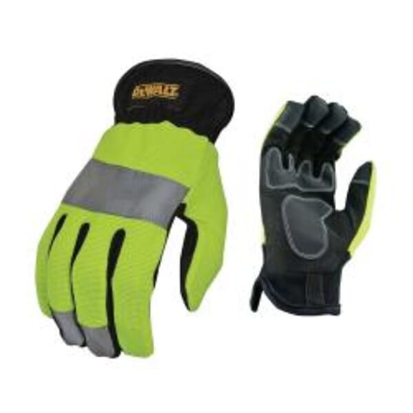 DeWALT by Radians General Purpose Gloves, Work, Reinforced Padded Palm, Nylon/Polyurethane/Polyester/PVC Spandex, Hi-Viz Green/Silver, RapidFit HV Slip-On Cuff, Resists: Abrasion