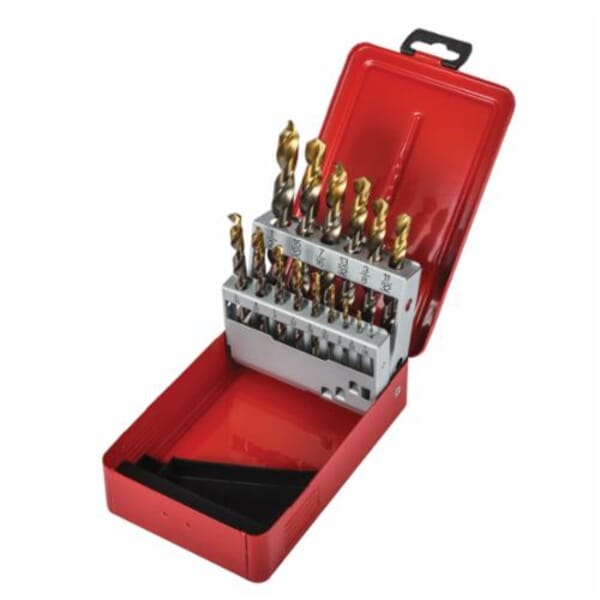 Dormer 5967576 A097 Type N Jobber Length Drill Set, 1/16 in Min Drill Bit, 1/2 in Max Drill Bit, 118 deg Drill Point Angle, 15 Pieces, HSS, Bright/TiN Coated