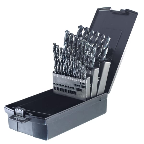 Drillco 200A29 Jobber Length Drill Set, 1/16 in Min Drill Bit, 1/2 in Max Drill Bit, 118 deg Drill Point Angle, 29 Pieces, HSS, Black Oxide