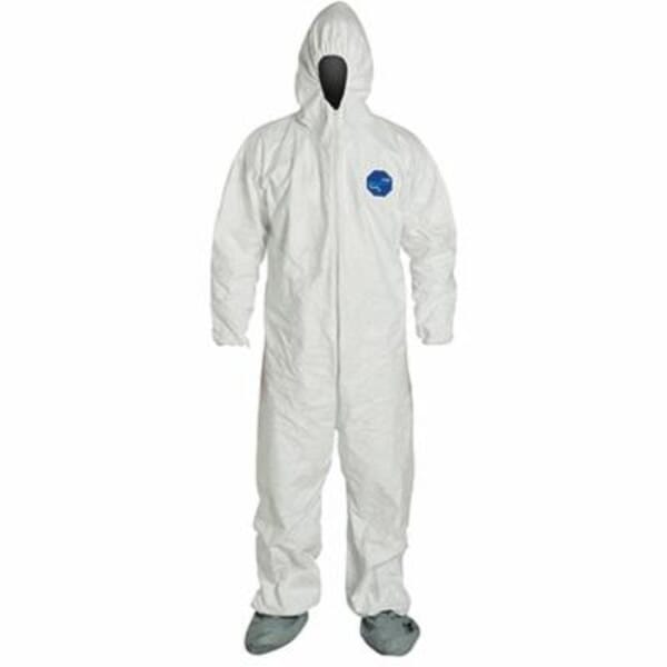 DuPont TY122SWH Disposable Coverall With Respirator Fit Hood, DuPont Disposable Coverall With Respirator Fit Hood, Elastic Wrist and Attached Skid-Resistant Boots, White, 5.9 mil Tyvek 400
