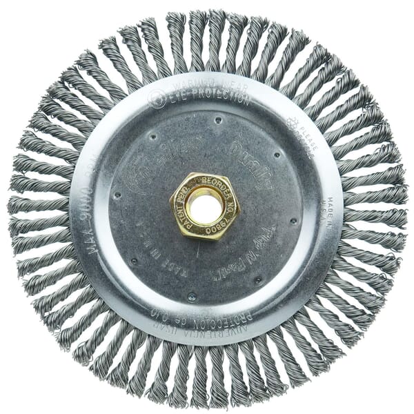 Dually 79800 Narrow Face Root Pass Wheel Brush With Nut, 7 in Dia Brush, 3/16 in W Face, 0.02 in Dia Stringer Bead Knot Filament/Wire, 5/8-11 Arbor Hole