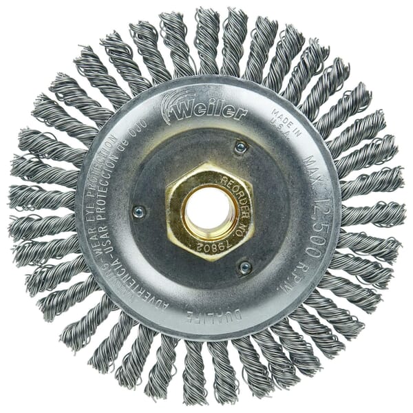 Dually 79802 Narrow Face Root Pass Wheel Brush With Nut, 5 in Dia Brush, 3/16 in W Face, 0.02 in Dia Stringer Bead Knot Filament/Wire, 5/8-11 Arbor Hole