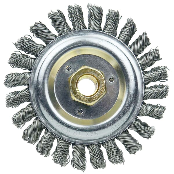 Dually 79803 Filler Pass Wide Face Wheel Brush With Nut, 5 in Dia Brush, 1/2 in W Face, 0.023 in Dia Stringer Bead Knot Filament/Wire, 5/8-11 Arbor Hole