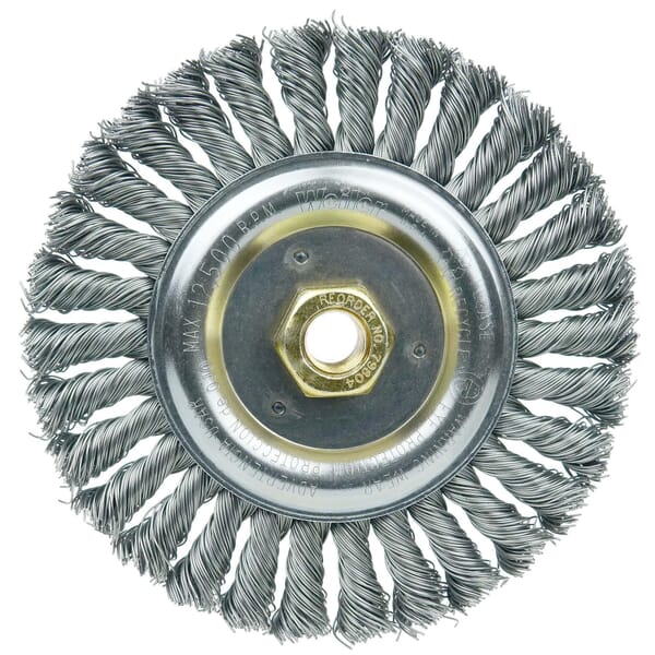 Dually 79804 Filler Pass Wide Face Wheel Brush With Nut, 6 in Dia Brush, 1/2 in W Face, 0.023 in Dia Stringer Bead Knot Filament/Wire, 5/8-11 Arbor Hole