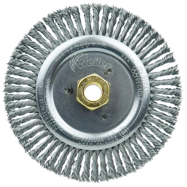 Dually 79805 Narrow Face Root Pass Wheel Brush With Nut, 6 in Dia Brush, 3/16 in W Face, 0.02 in Dia Stringer Bead Knot Filament/Wire, 5/8-11 Arbor Hole