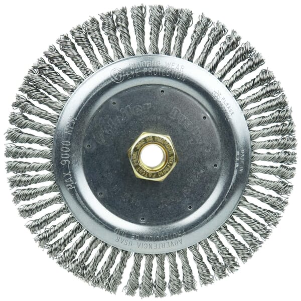 Dually 79810 Root Pass Weld Cleaning Brush, 7 in Dia Brush, 3/16 in W Face, 0.02 in Dia Stringer Bead Knot Filament/Wire, 5/8-11 UNC Arbor Hole