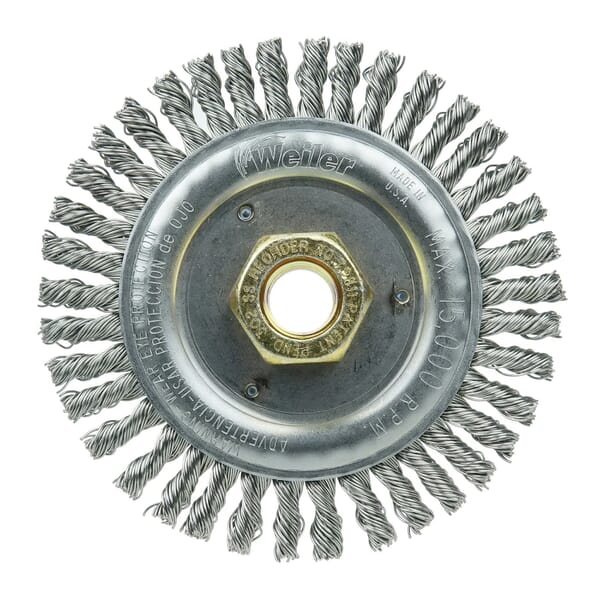 Dually 79811 Root Pass Weld Cleaning Brush, 4-1/2 in Dia Brush, 3/16 in W Face, 0.02 in Dia Stringer Bead Knot Filament/Wire, 5/8-11 UNC Arbor Hole
