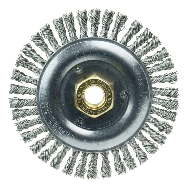 Dually 79812 Root Pass Weld Cleaning Brush, 5 in Dia Brush, 3/16 in W Face, 0.02 in Dia Stringer Bead Knot Filament/Wire, 5/8-11 UNC Arbor Hole