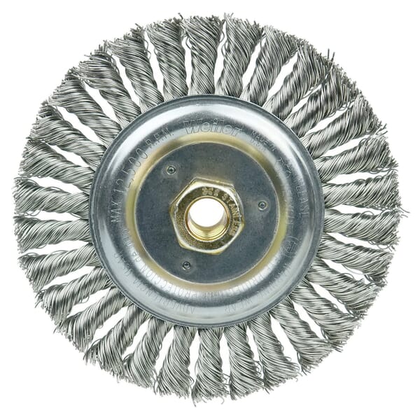 Dually 79814 Filler Pass Weld Cleaning Brush, 6 in Dia Brush, 1/2 in W Face, 0.023 in Dia Stringer Bead Knot Filament/Wire, 5/8-11 UNC Arbor Hole