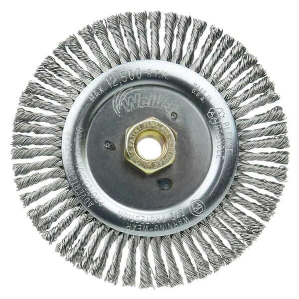 Dually 79815 Root Pass Weld Cleaning Brush, 6 in Dia Brush, 3/16 in W Face, 0.02 in Dia Stringer Bead Knot Filament/Wire, 5/8-11 UNC Arbor Hole