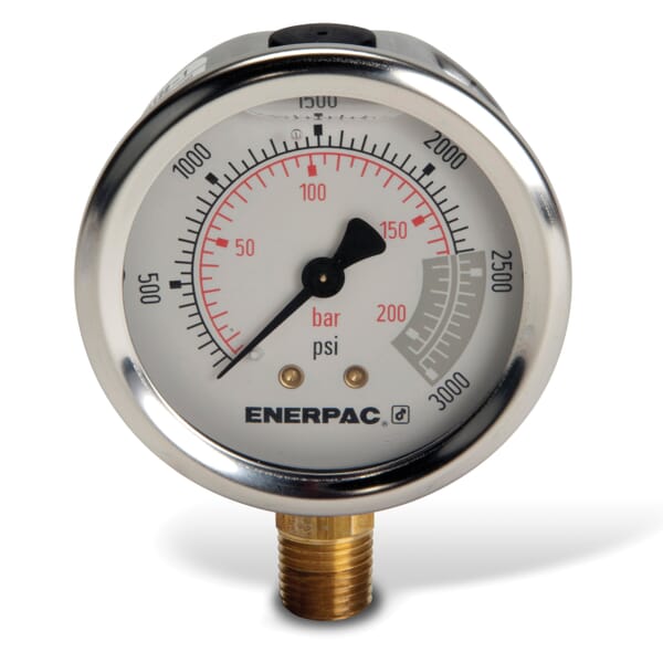 Enerpac G2516L Hydraulic Pressure Gauge, 0 to 3000 psi, 1/4 in FNPT Connection, 2-1/2 in Dial, +/- 1.5% Full Scale, 2 to 10 psi Graduations, Glycerin Liquid Filled
