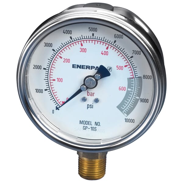Enerpac GP-10S Liquid Filled Hydraulic Force and Pressure Gauge, 0 to 10000 psi, 1/2 in FNPT Connection, 4 in Dial, +/- 1% Full Scale