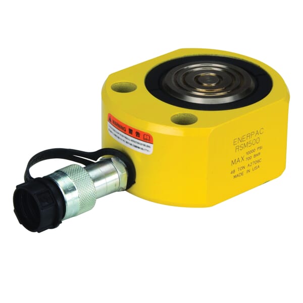 Enerpac Flat-Jac RSM-500 Low Height Single Acting Spring Return Hydraulic Cylinder, 50 ton Capacity, 3-1/2 in Dia Bore, 0.63 in L Stroke, 2.63 in H Retract, 2-3/4 in Dia Rod, 10000 psi