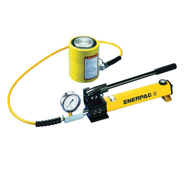 Enerpac SCL-101H SC Series Single Acting Low Height Cylinder Pump Set, 10 ton, 1-1/5 in Stroke, 3.88 in H Collapse, 4.97 in H Extended, 0 to 22200 lb ga Scale, Steel