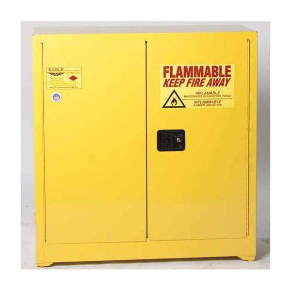 Eagle Manufacturing 1932X Standard Flammable Safety Cabinet, 30 gal Capacity, Lever Handle, 44 in H x 43 in W x 18 in D, Manual Close Door, 2 Doors, 1 Shelves, Steel, Yellow