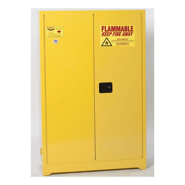 Eagle Manufacturing 1947X Standard Flammable Safety Cabinet, 45 gal Capacity, Lever Handle, 65 in H x 43 in W x 18 in D, Manual Close Door, 2 Doors, 2 Shelves, Steel, Yellow
