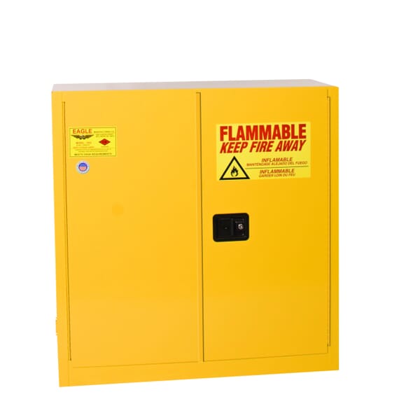 Eagle Manufacturing 1932X Standard Flammable Safety Cabinet, 30 gal Capacity, Recessed Paddle Handle, 44 in H x 43 in W x 18 in D, Manual Close Door, 2 Doors, 1 Shelves, Steel, Yellow