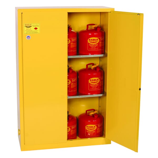 Eagle Manufacturing 1947X Standard Flammable Safety Cabinet, 45 gal Capacity, Recessed Paddle Handle, 65 in H x 43 in W x 18 in D, Manual Close Door, 2 Doors, 2 Shelves, Steel, Yellow