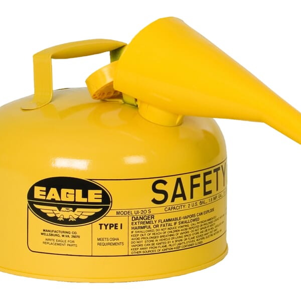 Eagle Manufacturing UI20FSY Type I Safety Can With F-15 Funnel, 2 gal Capacity, 11-1/4 in Dia x 9-1/2 in H, Hot Dipped Galvanized Steel, Yellow
