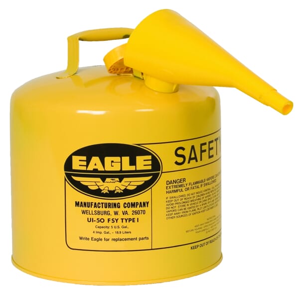 Eagle Manufacturing UI50FSY Type I Safety Can With F-15 Funnel, 5 gal Capacity, 12-1/2 in Dia x 13-1/2 in H, Galvanized Steel, Yellow