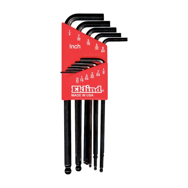 Eklind 13211 Ball-Hex-L Long Key Set, 11 Pieces, 0.05 to 0.25 in Hex, L-Handle Handle, ANSI B18.3, Alloy Steel, Black Oxide