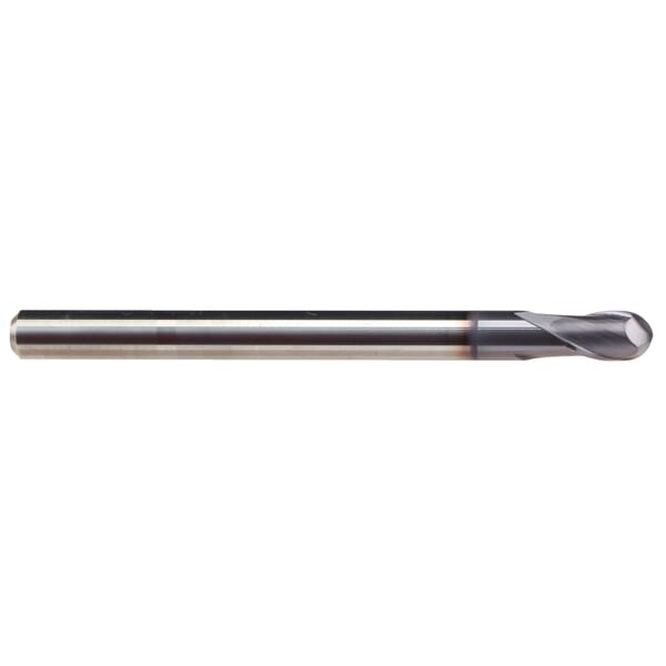 Emuge 1879A.020 Hard-Cut 1879A Extra Long Length Ball Nose End Mill, 20 mm Dia Cutter, 26 mm Length of Cut, 2 Flutes, 20 mm Dia Shank, 150 mm OAL, TiAlN Coated