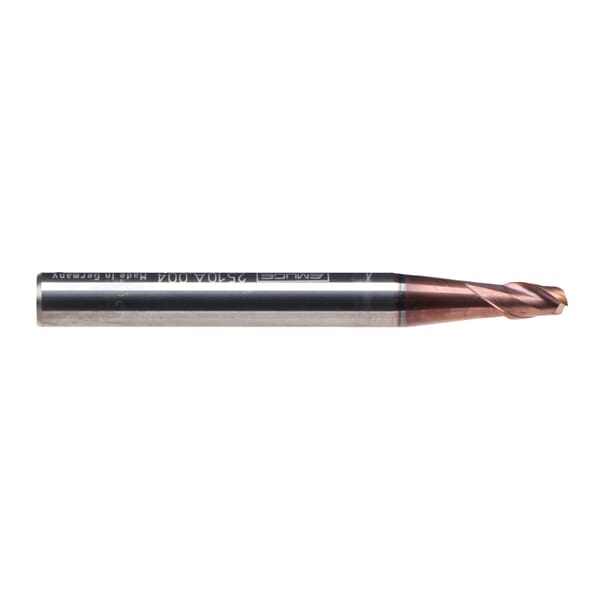 Emuge 2510A.002 Top-Cut 2510A Stub Length Tapered End Mill, 2 mm Dia Cutter, 5 mm Length of Cut, 2 Flutes, 6 mm Dia Shank, 50 mm OAL, TiAlN Coated
