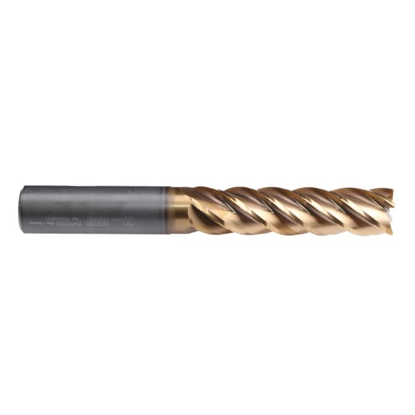 Emuge 2541TZ.020 Trochoidal TiNox-Cut 2541TZ Square End Mill With Axial Through Coolant, 20 mm Dia Cutter, 4XD Length of Cut, 5 Flutes, 20 mm Dia Shank, 150 mm OAL, TiN/TiAlN Coated