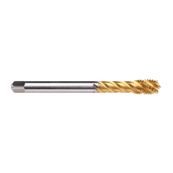 Emuge C3600F01.0331 Enorm 2-Z-SPEED X-PM C3600F01 Form C Fast Reduced Shank Spiral Flute Tap, Right Hand Cutting, M14x1.5 Thread, 2-3 Modified Bottoming Plug Chamfer, Right Hand Flute Direction, 5 Flutes, TiN 60 Coated, HSS-E-PM