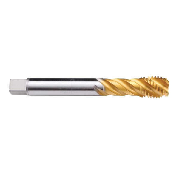 Emuge C3650F01.0359 Enorm 2-Z-SPEED X-IKZ-PM C3650F01 Form C Fast Reduced Shank Spiral Flute Tap, Right Hand Cutting, M16x1.5 Thread, 2-3 Modified Bottoming Plug Chamfer, Right Hand Flute Direction, 5 Flutes, TiN 60 Coated, HSS-E-PM
