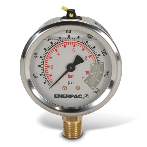 Enerpac G2510L Glycerin Filled Lower Mount Hydraulic Pressure Gauge, 160 psi, 2-1/2 in Dia Gauge, 1/4 in NPTF Connection, +/-1.5 % Accuracy, Copper Alloy