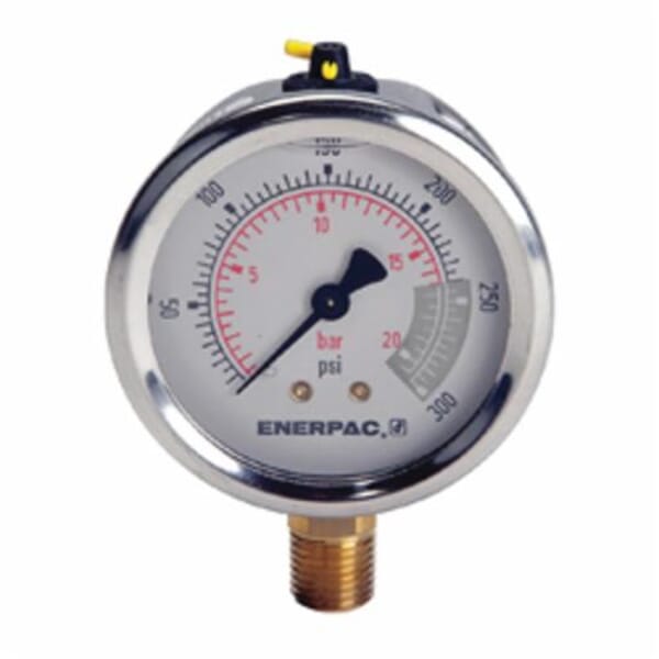 Enerpac G2512L Hydraulic Pressure Gauge, 0 to 300 psi, 1/4 in FNPT Connection, 2-1/2 in Dial, +/- 1.5% Full Scale, 5 to 50 psi Graduations, Glycerin Liquid Filled