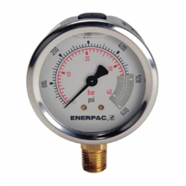 Enerpac G2513L Hydraulic Pressure Gauge, 0 to 600 psi, 1/4 in FNPT Connection, 2-1/2 in Dial, +/- 1.5% Full Scale, 10 to 100 psi Graduations, Glycerin Liquid Filled