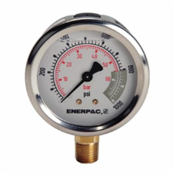 Enerpac G2514L Hydraulic Pressure Gauge, 0 to 1000 psi, 1/4 in FNPT Connection, 2-1/2 in Dial, +/- 1.5% Full Scale, 20 to 100 psi Graduations, Glycerin Liquid Filled
