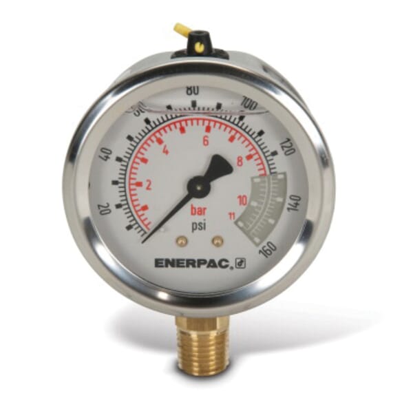 Enerpac G2516SL Glycerin Filled Lower Mount Hydraulic Pressure Gauge, 3000 psi, 2-1/2 in Dia Gauge, 1/4 in NPTF Connection, +/-1.5 % Accuracy, Copper Alloy