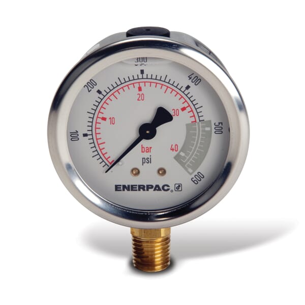 Enerpac G2515L Glycerin Filled Lower Mount Hydraulic Pressure Gauge, 2000 psi, 2-1/2 in Dia Gauge, 1/4 in NPTF Connection, +/-1.5 % Accuracy, Copper Alloy