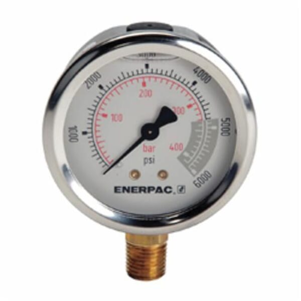 Enerpac G2517L Hydraulic Pressure Gauge, 0 to 6000 psi, 1/4 in FNPT Connection, 2-1/2 in Dial, +/- 1.5% Full Scale, 100 to 1000 psi Graduations, Glycerin Liquid Filled