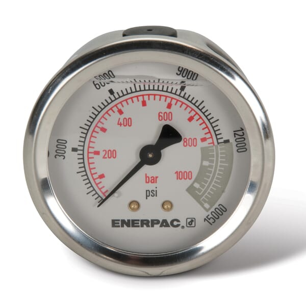 Enerpac G2538R Center Rear Mount Glycerin Filled Hydraulic Pressure Gauge, 15000 psi, 2-1/2 in Dia Gauge, 1/4 in NPTF Connection, +/-1.5 % Accuracy, Copper Alloy