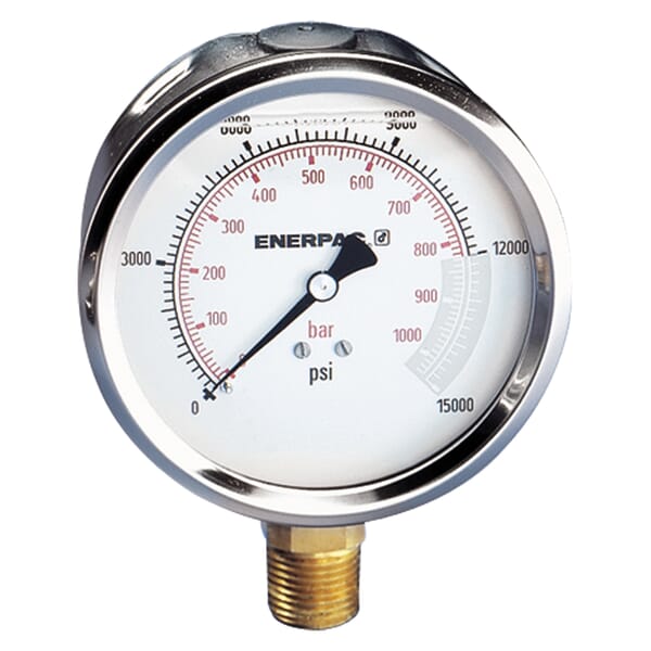 Enerpac G4040L Glycerin Filled Lower Mount Hydraulic Pressure Gauge, 15000 psi, 4 in Dia Gauge, 1/4 in NPTF Connection, +/-1.5 % Accuracy, Copper Alloy