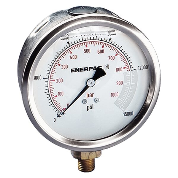 Enerpac G4089L Glycerin Filled Lower Mount Hydraulic Pressure Gauge, 15000 psi, 4 in Dia Gauge, 1/4 in NPTF Connection, +/-1.5 % Accuracy, Copper Alloy