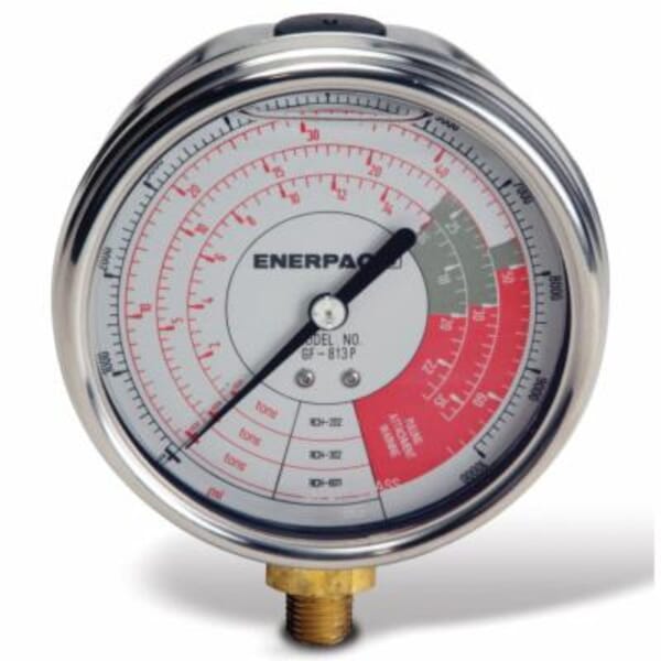 Enerpac GF-871P Hydraulic Force and Pressure Gauge, 0 to 10000 psi, 1/4 in FNPT Connection, 4 in Dial, +/- 1% Full Scale, Glycerin Liquid Filled