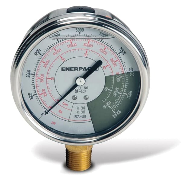 Enerpac GF230P Glycerin Filled Lower Mount Hydraulic Force and Pressure Gauge, 0 to 10000 psi, 4.3 in Dia Gauge, 1/2 in NPTF Connection, +/-1% Full Scale Accuracy, Stainless Steel