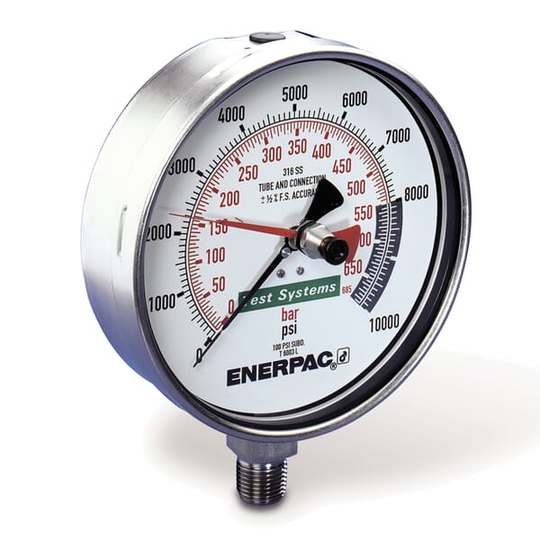 Enerpac T6003L G Series Dry Test System Gauge, 10000 psi, 1/2 in NPTF Connection, +/-0.5 % Accuracy, Alloy Steel