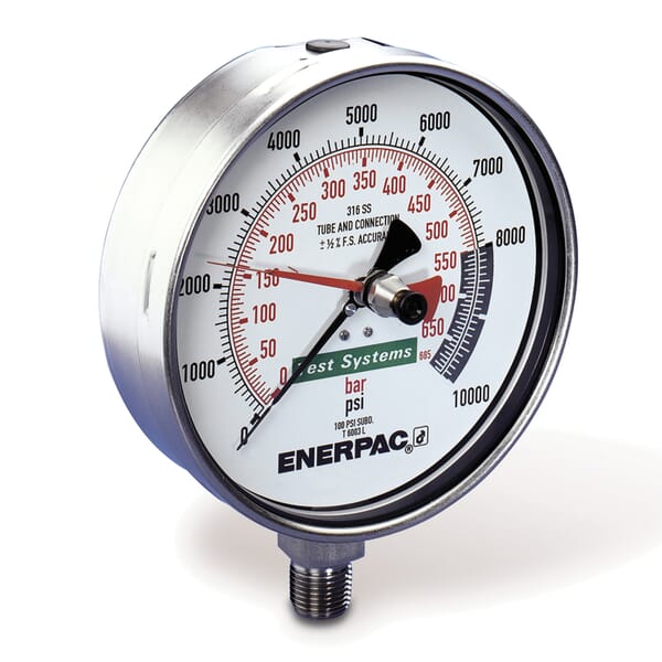 Enerpac T6008L G Series Dry Test System Gauge, 20000 psi, 1/4 in Cone Connection, +/-0.5 % Accuracy, Stainless Steel