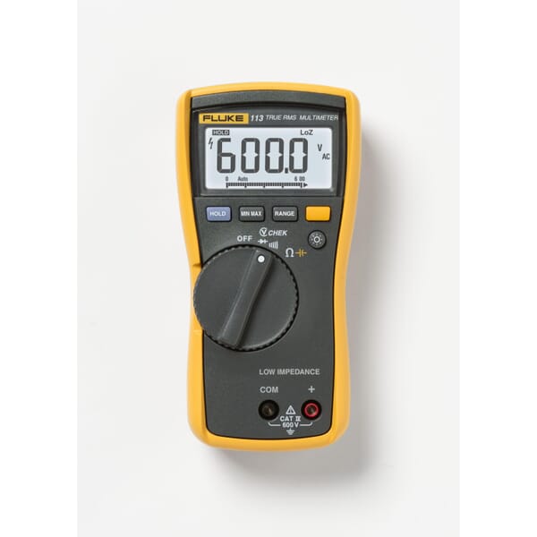 Fluke VCHEK FLUKE-113 Utility Digital Multimeter, 600 VDC/VAC, 60 kOhm Measuring, 6/60/600 VAC/VDC, 600 Ohm/6/60 kOhm, Backlight/Digital Display