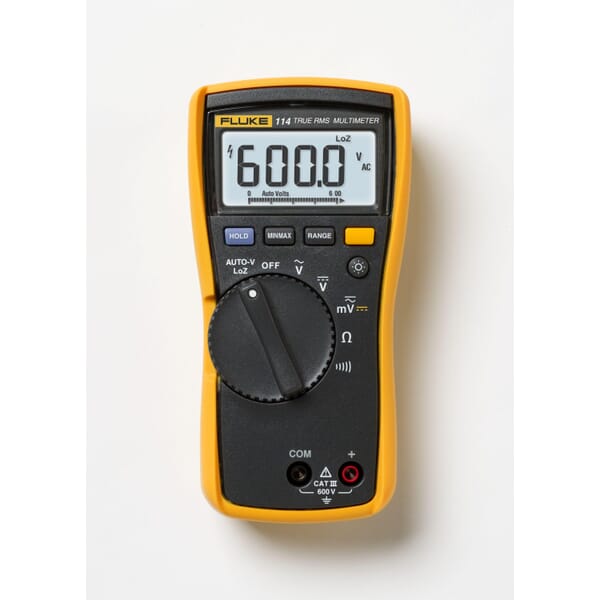 Fluke FLUKE-114 Compact Digital Multimeter, 600 VDC/VAC, 40 MOhm Measuring, 6/60/600 VAC/VDC, 0.1 Ohm to 40 MOhm, Digital Display